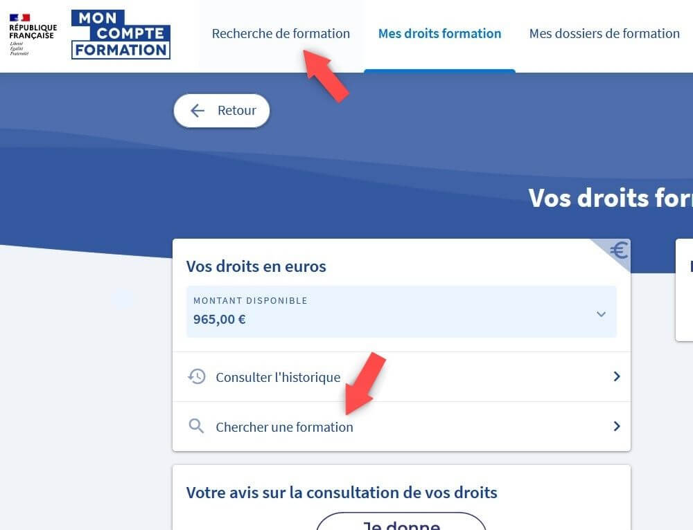 mon compte formation ecran recherche
